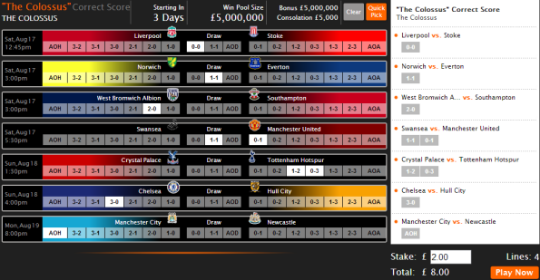 Colossus Bets correct score selection area