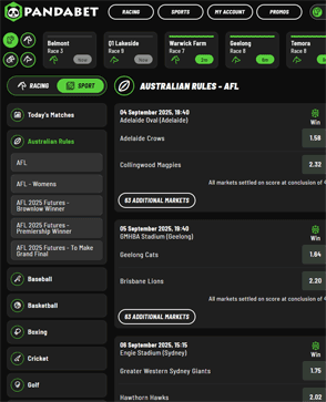 PandaBet navigation screenshot PandaBet navigation screenshot